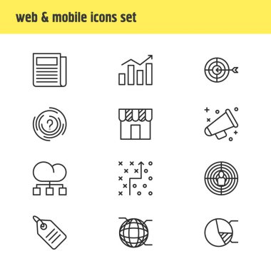 12 simgeleri çizgi stili reklam vektör Illustration. Strateji, küre, mağaza ve diğer simge öğeleri düzenlenebilir kümesi.