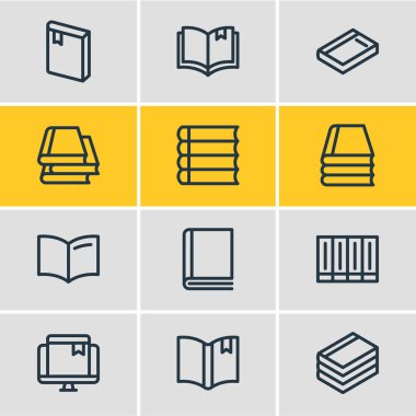 Vektör çizim 12 kitap okuma simgeler çizgi stili. Kitap koleksiyonu, schoolbook, yer imi ve diğer simge öğeleri düzenlenebilir kümesi.