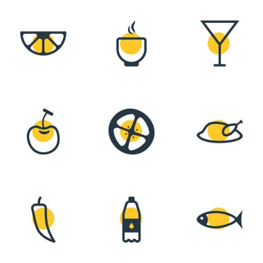 Vektör çizim simgeler çizgi stili yeme 9. Çorba, tavuk, balık ve diğer simge öğeleri düzenlenebilir kümesi.