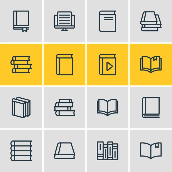 Ilustración vectorial de 16 iconos de lectura estilo línea. Conjunto editable de lectura, reproductor, publicación y otros elementos del icono . — Archivo Imágenes Vectoriales