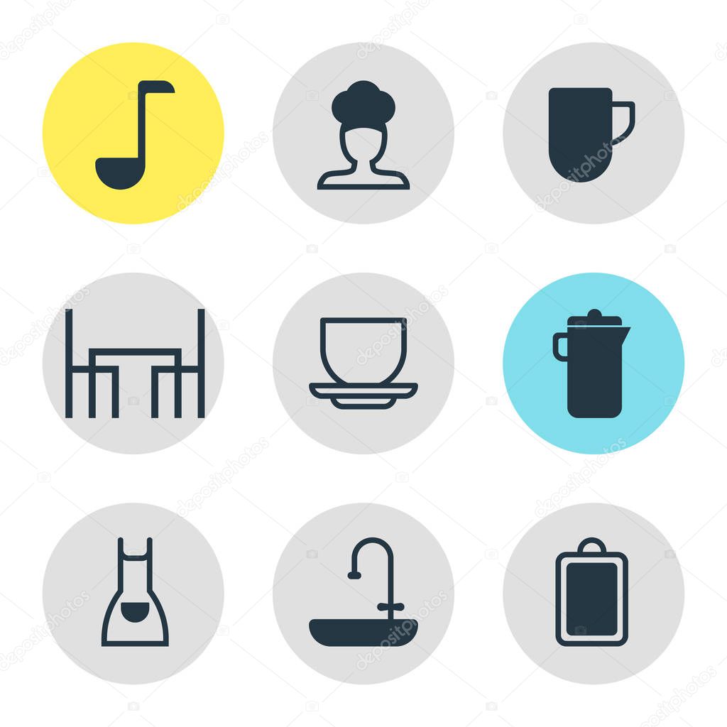 Vector illustration of 9 kitchenware icons. Editable set of chef, sink, dining table and other icon elements.