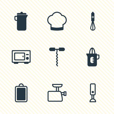 9 restoran simgeler Illustration. Kıyma makinesi, kesme tahtası, sürahi ve diğer simge öğeleri düzenlenebilir kümesi.