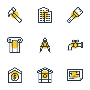 9 mimari simgeler çizgi stili Illustration. Bina, sütun, pusula ve diğer simge öğeleri kümesi düzenlenebilir.