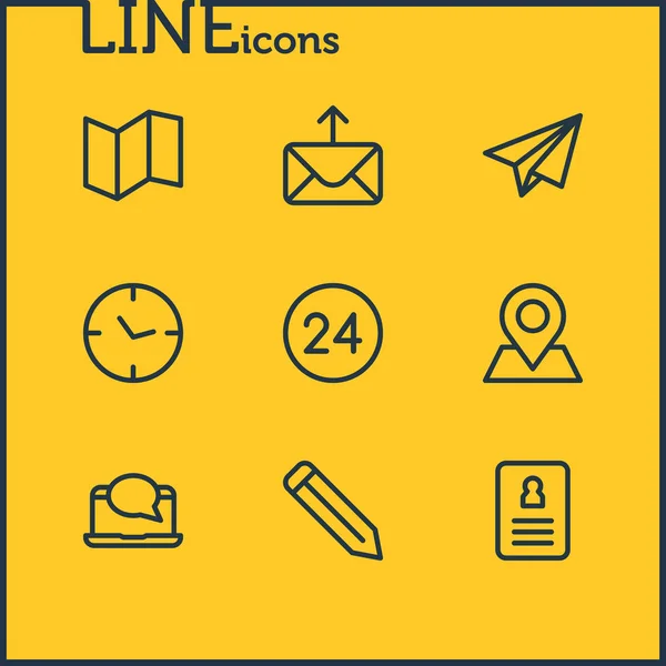 illustration of 9 contact icons line style. Editable set of paper plane, 24 hour service, map and other icon elements.