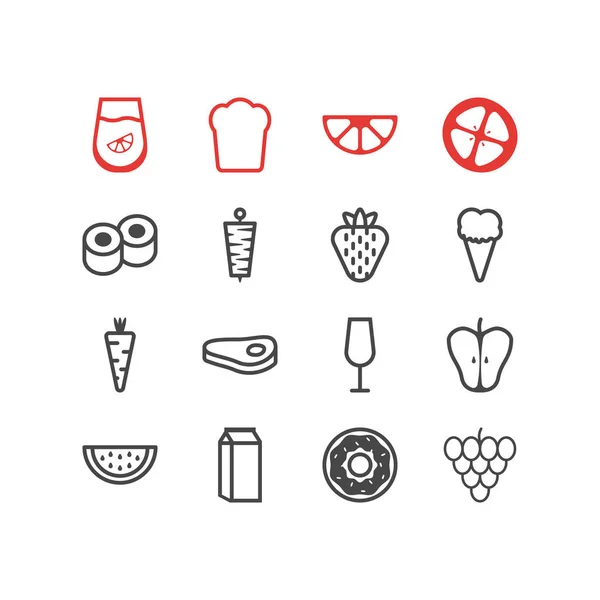 Illustrazione di 16 icone alimentari stile linea. Set modificabile di carote, carne cruda, fragole e altri elementi iconici . — Foto Stock