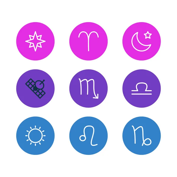 Ilustración de 9 iconos de constelación estilo de línea. Conjunto editable de escorpión, sputnik, aries y otros elementos del icono . — Foto de Stock