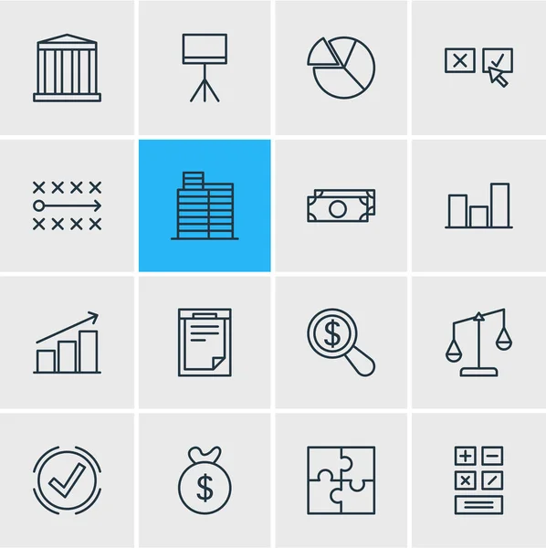 Ilustración de 16 iconos de gestión estilo de línea. Conjunto editable de pastel, moneybox, escalas y otros elementos del icono . —  Fotos de Stock