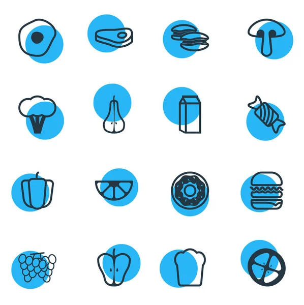 Ilustración de 16 iconos de comida estilo de línea. Conjunto editable de macarrones, rebanada de pan, pimiento y otros elementos del icono . —  Fotos de Stock