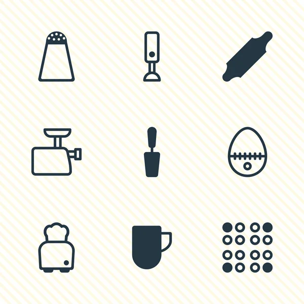 Ilustración de 9 iconos de utensilios de cocina. Conjunto editable de rodillo, licuadora, huevo partido y otros elementos del icono . — Foto de Stock