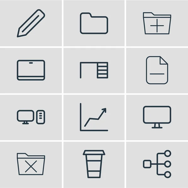 Ilustración de 12 iconos de la oficina estilo de línea. Conjunto editable de monitor, gráfico, cappuccino y otros elementos del icono . —  Fotos de Stock