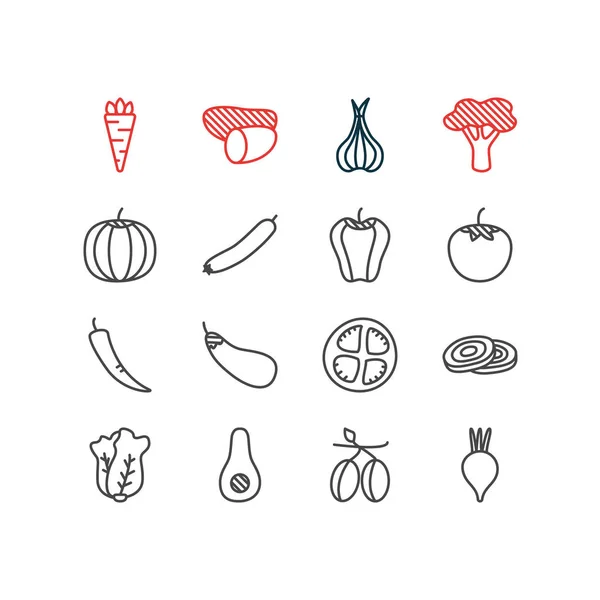 Ilustración de 16 iconos de verduras estilo de línea. Conjunto editable de tomate, rábano, zanahoria y otros elementos del icono . — Foto de Stock