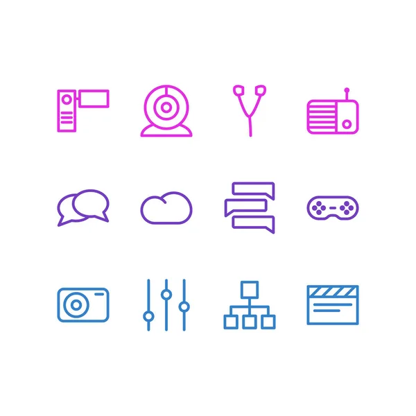 illustration of 12 music icons line style. Editable set of webcam, earphone, video cam and other icon elements.