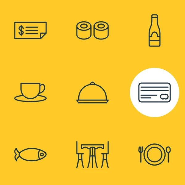 Ilustración de 9 iconos de restaurantes estilo de línea. Conjunto editable de crédito, taza, pescado y otros elementos del icono . —  Fotos de Stock