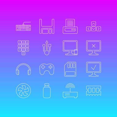 16 dizüstü bilgisayar simgeleri çizgi stili vektör Illustration. Oyun kumandası, giriş düğmeleri, çıktı ve diğer simge öğeleri düzenlenebilir kümesi.