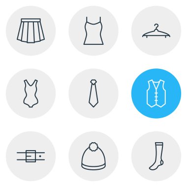9 elbise simgeler çizgi stili vektör Illustration. Kravat, çorap, mayo ve diğer simge öğeleri düzenlenebilir kümesi.