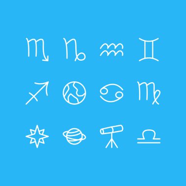 12 takımyıldızı simgeler çizgi stili vektör Illustration. Dünya, Terazi, Başak ve diğer simge öğeleri düzenlenebilir kümesi.