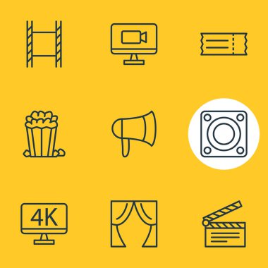 9 sinema simgeler çizgi stili vektör Illustration. Bilet, monitör, patlamış mısır ve diğer simge öğeleri düzenlenebilir kümesi.