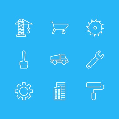 9 inşaat simgeler çizgi stili vektör Illustration. Testere, boya fırçası, kamyon ve diğer simge öğeleri düzenlenebilir kümesi.