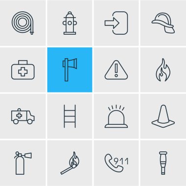 16 çok simgeler çizgi stili vektör Illustration. Hidrant, 911, düzenlenebilir kümesi söndürücü ve diğer simge öğeleri.