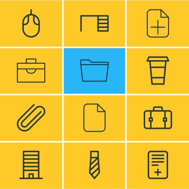 12 büro simgeler çizgi stili vektör Illustration. Kravat, bavul, sayfa ve diğer simge öğeleri düzenlenebilir kümesi.