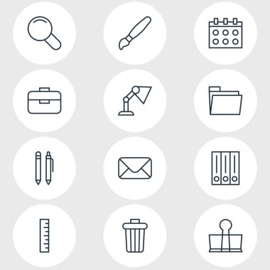 12 araçları simgeler çizgi stili vektör Illustration. Kalem, Kütüphane, zarf ve diğer simge öğeleri düzenlenebilir kümesi.