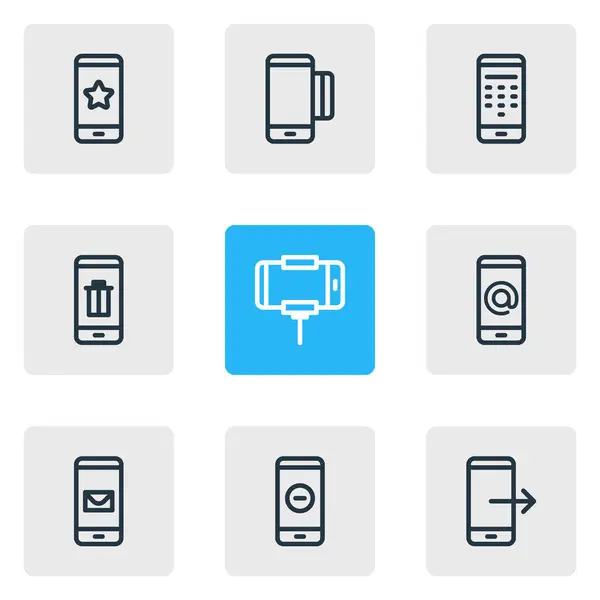 Vektorillustration av 9 telefon ikoner linjeformat. Redigerbara uppsättning av meddelande, selfie-stick, skräp och andra ikonen element. — Stock vektor