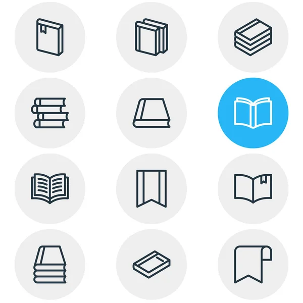 Ilustración vectorial de 12 iconos de libro estilo de línea. Conjunto editable de cinta, lectura de libros, marcadores y otros elementos del icono . — Vector de stock