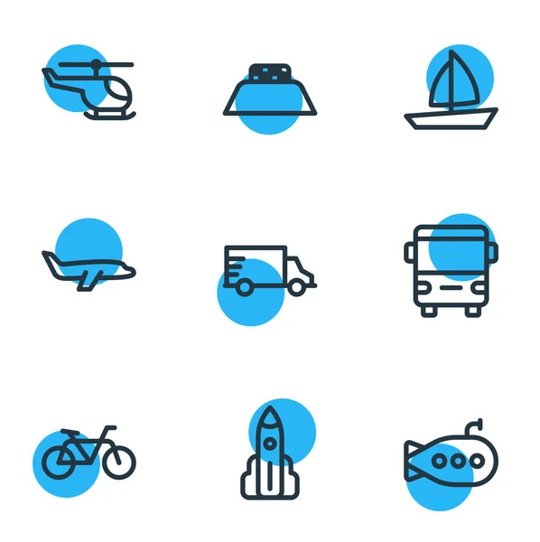 Illustration vectorielle de 9 icônes de transport style ligne. Ensemble modifiable de bus, sous-marins, taxis et autres éléments d'icône . — Image vectorielle