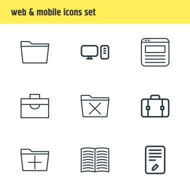 9 çalışma alanı simgeleri çizgi stili Illustration. Evrak çantası, Düzenle, kitap ve diğer simge öğeleri düzenlenebilir kümesi.