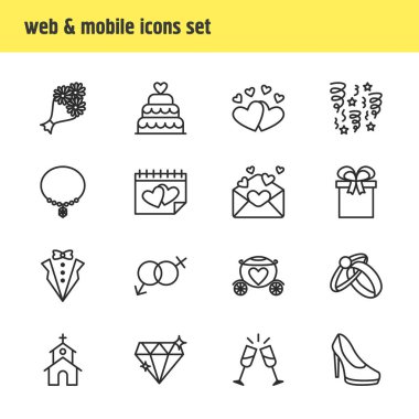 simgeler çizgi stili düğün 16 Illustration. Davet, topuklu ayakkabı, şampanya ve diğer simge öğeleri düzenlenebilir kümesi.