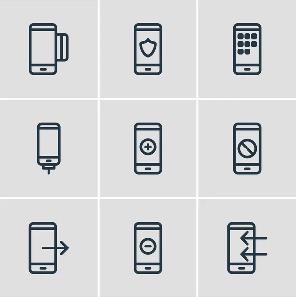 Иллюстрация стиля линии 9 иконок телефона. Набор элементов блока, зарядки, смартфона и других иконок . — стоковое фото