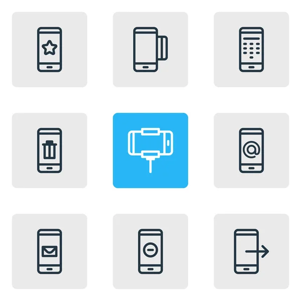 Illustration of 9 telephone icons line style. Editable set of message, selfie stick, trash and other icon elements. — Stock Photo, Image