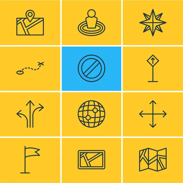 Ilustración de 12 iconos de navegación estilo de línea. Conjunto editable de ubicación, signo de lectura, globo terráqueo y otros elementos del icono . —  Fotos de Stock