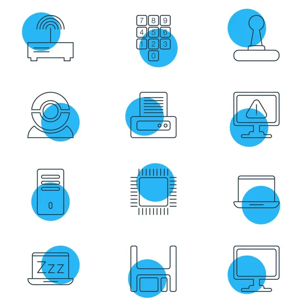 Ilustração de 12 ícones de notebook estilo de linha. Conjunto editável de modem, laptop, joystick e outros elementos de ícone . — Fotografia de Stock