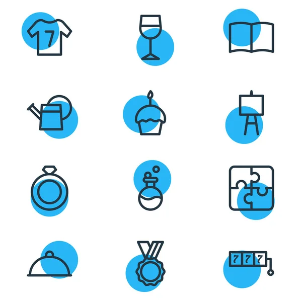 Ilustración de 12 iconos de estilo de vida estilo de línea. Conjunto editable de vino, rompecabezas, anillo y otros elementos del icono . —  Fotos de Stock