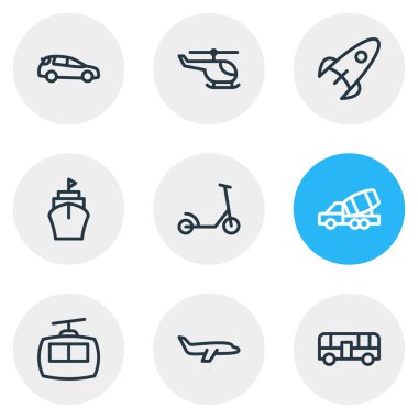 9 transit simgeler çizgi stili vektör Illustration. Gemi, roket, kabin ve diğer simge öğeleri düzenlenebilir kümesi.