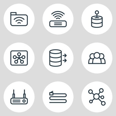 9 web simgeler çizgi stili vektör Illustration. Paylaşım, hub, yönlendirici ve diğer simge öğeleri düzenlenebilir kümesi.