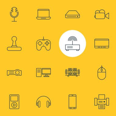 16 gadget simgeler çizgi stili vektör Illustration. Fare, kulaklık, hoparlör ve diğer simge öğeleri düzenlenebilir kümesi.