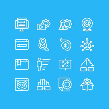 16 reklam simgeler çizgi stili vektör Illustration. Yer imi hizmeti, Seo raporu, video pazarlama ve diğer simge öğeleri düzenlenebilir kümesi.