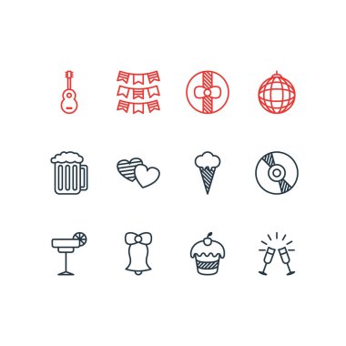 12 parti simgeler çizgi stili vektör Illustration. Kadehlerin, cd, kokteyl ve diğer simge öğeleri düzenlenebilir kümesi.