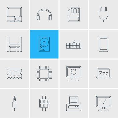 16 bilgisayar simgeleri çizgi stili vektör Illustration. Tak, ram, giriş düğmeleri ve diğer simge öğeleri düzenlenebilir kümesi.