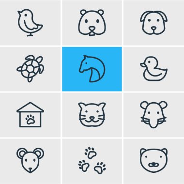 12 hayvan simgeleri çizgi stili vektör Illustration. Köpek, hamster, evde beslenen hayvan ve diğer simge öğeleri düzenlenebilir kümesi.