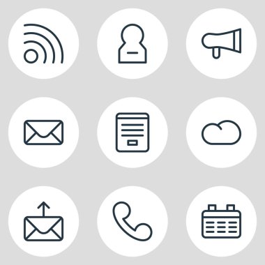 9 kişi simgeler çizgi stili vektör Illustration. Yazışma, takvim, mektup ve diğer simge öğeleri düzenlenebilir kümesi.