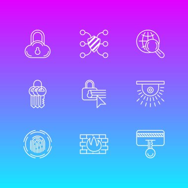 9 veri simgeler çizgi stili vektör Illustration. Güvenli Arama, güvenlik ayarları, Anahtarlık ve diğer simge öğeleri düzenlenebilir kümesi.