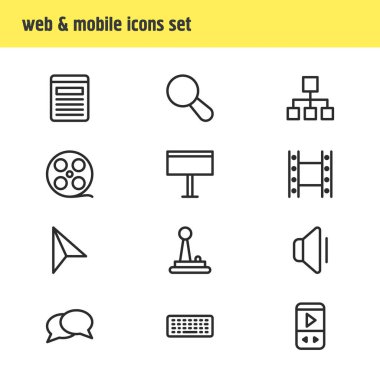 12 müzik simgeleri çizgi stili vektör Illustration. Billboard, oyuncu, film ve diğer simge öğeleri düzenlenebilir kümesi.