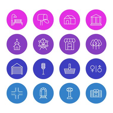16 altyapı simgeler çizgi stili vektör Illustration. Havaalanı, Akademi, park ve diğer simge öğeleri düzenlenebilir kümesi.
