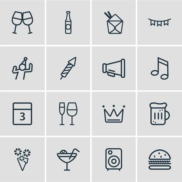 Ilustración vectorial de 16 celebrar iconos estilo de línea. Conjunto editable de comida china, guirnalda de papel, elementos de icono de megáfono . — Archivo Imágenes Vectoriales