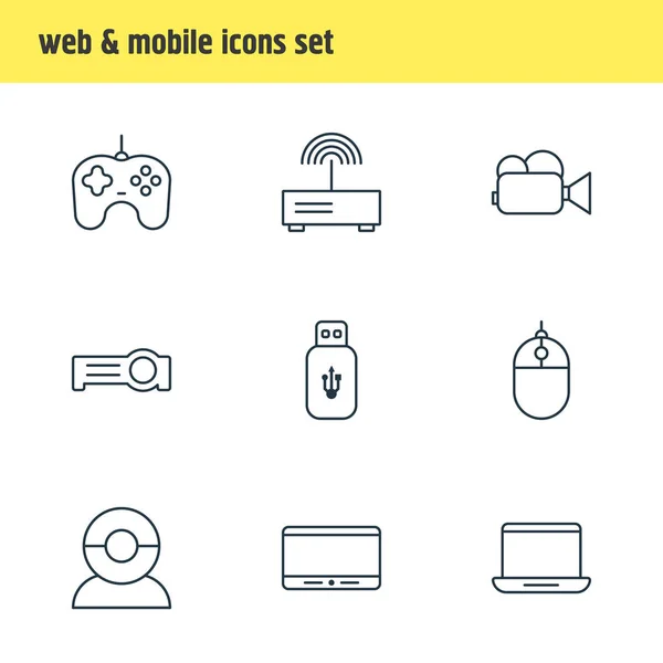 Ilustración vectorial de 9 iconos accesorios estilo línea. Conjunto editable de ratón, cámara web, router y otros elementos del icono . — Archivo Imágenes Vectoriales