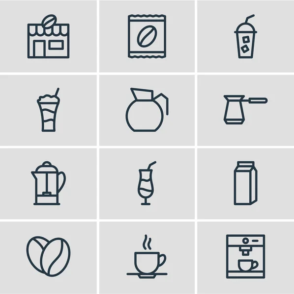 Ilustración vectorial de 12 iconos de bebidas estilo línea. Conjunto editable de cafetera, bebida fría, café y otros elementos del icono . — Archivo Imágenes Vectoriales