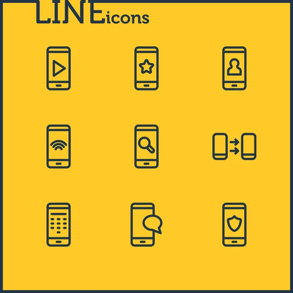 Ilustração vetorial de 9 ícones de telefone estilo linha. Conjunto editável de elementos de jogo, bate-papo, pesquisa e outros ícones . — Vetor de Stock